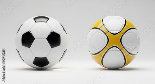 Two soccer balls with different designs on a white background. illustration