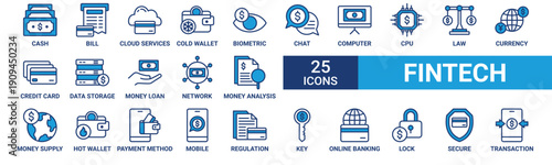 Fintech icon set. Containing cash, bill, cloud services, cold wallet, biometric, chat, computer and more. Blue vector icons collection.