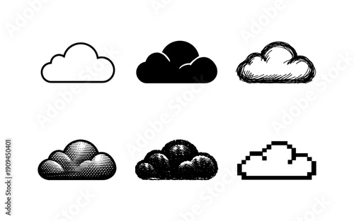 Collection of six diverse cloud icons in different artistic styles and formats