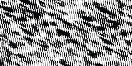 Black white optical illusion background with striped lines and warped dot clusters, experimental graphic design