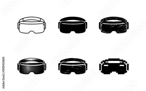 Collection of six different virtual reality headset icons in various artistic styles