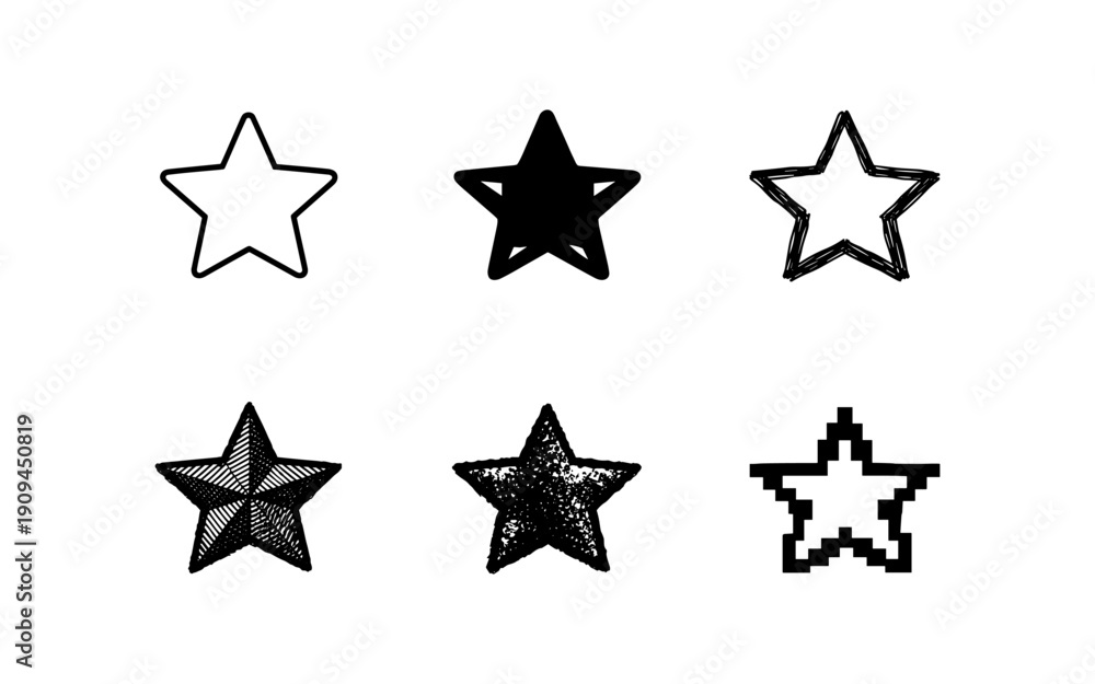 Obraz premium Collection of six diverse star icons in black and white, representing different styles and textures