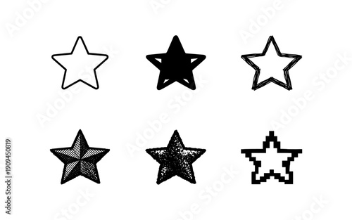 Collection of six diverse star icons in black and white, representing different styles and textures