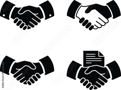 Four icons representing different types of handshake agreements and contracts