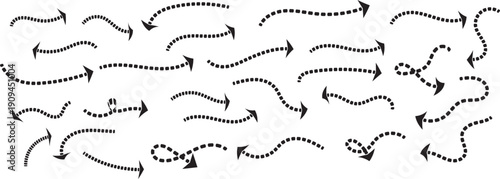 Collection of dashed curved hand drawn arrows. Zigzag arrow stripes design with dotted lines.