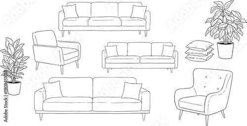 Line collection of sofas armchairs potted plants and stacked pillows couch furniture interior