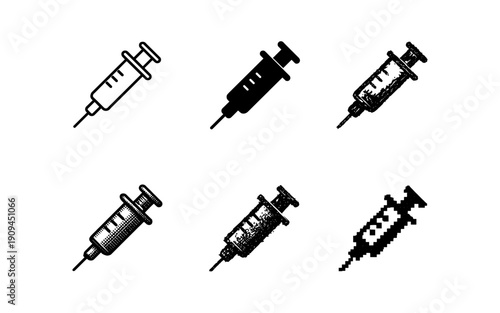 Collection of six syringe icons in various artistic styles, from line art to pixel art