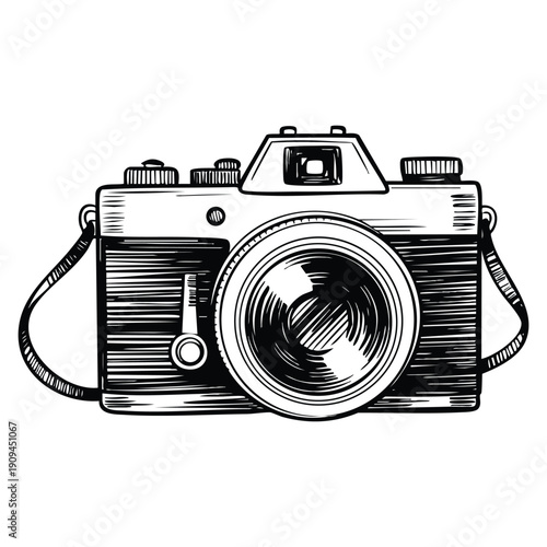 Retro photo camera hand drawing illustration vintage photography concept artistic sketch style isolated creative visual for classic media and nostalgic design themes
