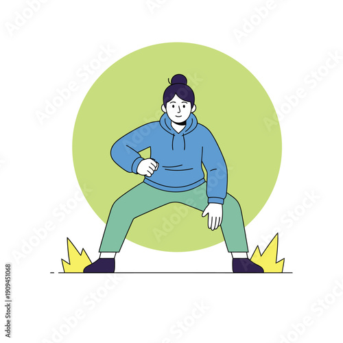 Strength training and fitness motivation concept. Minimalist illustration of a woman working out, representing determination, healthy lifestyle, and bodyweight exercise routine.