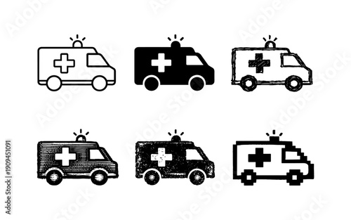 Collection of diverse ambulance icons in various artistic styles and formats