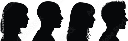 Human head profile silhouette collection with male and female side views isolated on white background, black vector avatars for identity, diversity and character design