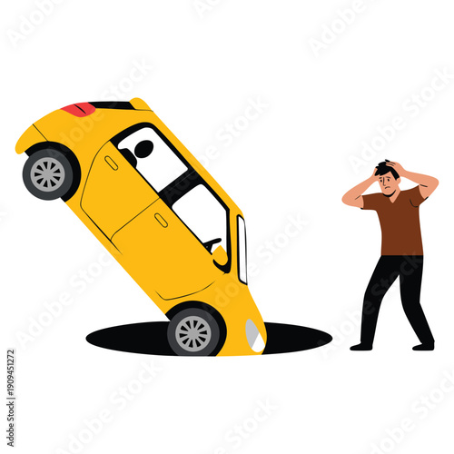 Road danger concept showing car falling into pothole with damage on highway illustrated in detailed vector design