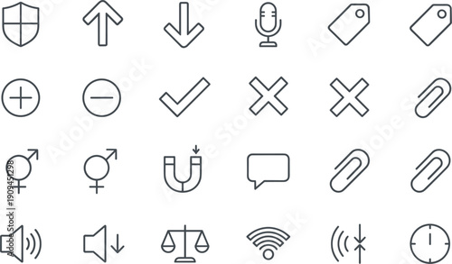 Universal user interface line icon set with arrows microphone tags wifi shield clock symbols vector collection