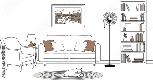 Line living room scene with white cat on rug and bookshelf