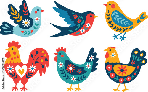 Ornamental Folk Art Bird with Floral Details  Radiant Aura Illustration