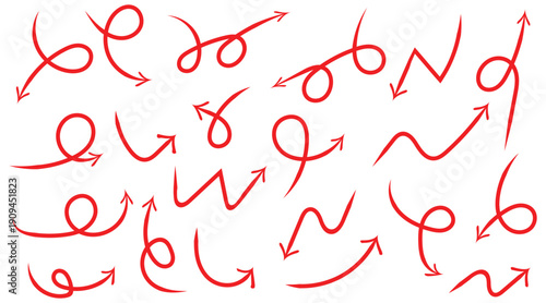 Hand drawn red arrows set for direction, pointer and navigation design elements vector illustration.
