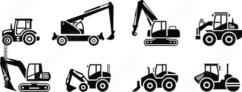 Construction and agricultural vehicle silhouettes set, excavators, tractors, loaders, rollers, heavy machinery icons, farming equipment, industrial machines, black silhouette illustration collection
