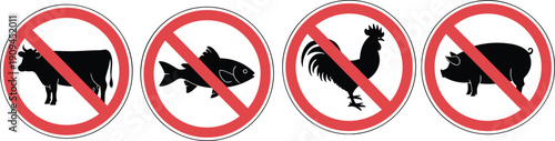Animal prohibition signs set, no cow, no fish, no rooster, no pig, food restriction icons, dietary ban, forbidden meat products illustration