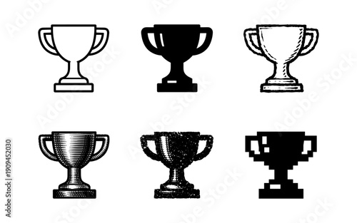 Collection of six different trophy icons representing victory and achievement in various styles