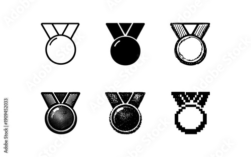 Collection of six different medal icons representing achievement and victory in various styles