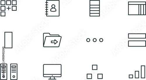 User interface and dashboard layout line icon set with menu folder analytics vector illustration collection