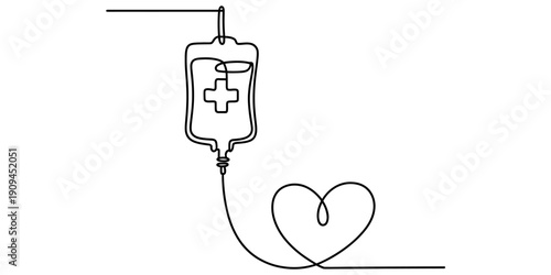 Single line drawing of a medical iv drip bag with a heart shape tubing on white background