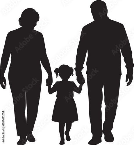 Silhouette of grandparents and granddaughter holding hands walking together, family outdoors, generational connection.