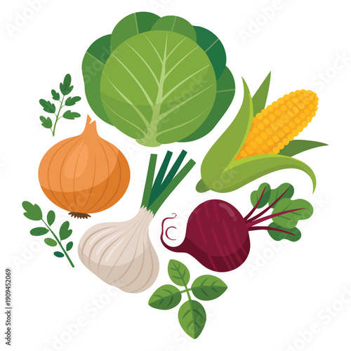 Set of vegetables including cabbage corn beet onion garlic and herbs flat cartoon vector illustration for sticker banner poster postcard greeting card design