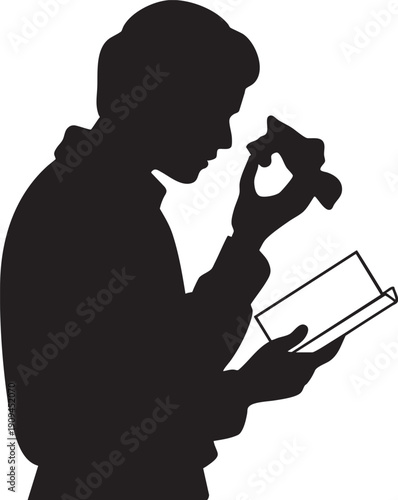 Silhouette of man looking at book with magnifying glass, reading, studying, intellectual pursuit, learning.