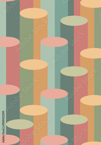Abstract geometric illustration featuring colorful cylindrical shapes in a repeating pattern for design