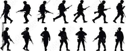 Armed soldier silhouettes set, military figures with rifles, walking and standing poses, tactical movements, combat readiness, black silhouette soldiers illustration collection