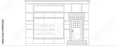 Line of a storefront with a door and window display line door shelves