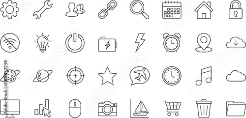 Universal web and app line icon set with settings wifi camera shopping symbols vector illustration collection