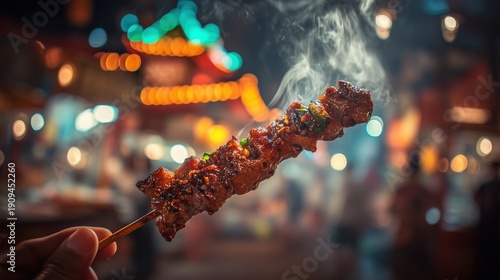 Steaming Skewer of Street Food Held Against Nighttime Bokeh