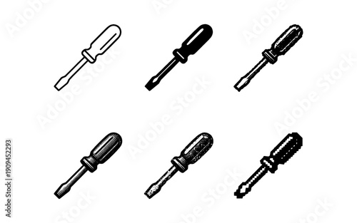 Collection of six different screwdriver icons and illustrations in black and white