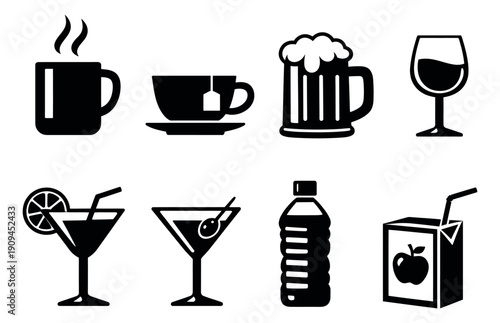 Simple solid icon beverages set featuring hot and cold drinks for menus and applications