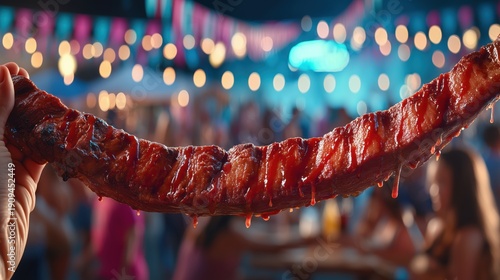 Close-up of BBQ Pork Ribs Dripping Sauce at Night Festival