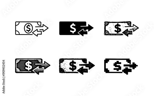 Money transfer icons showing dollar bills with incoming and outgoing arrows