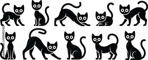 Black cat silhouettes set, cartoon feline poses, sitting standing stretching crouching walking, whimsical Halloween pet icons, playful spooky animal illustration collection