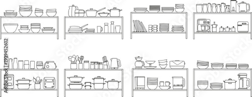 Line of kitchen shelves filled with cookware dishes and appliances
