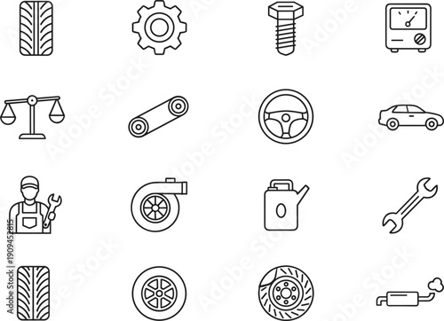 Automotive service and car repair line icon set with gear tire engine mechanic tools vector illustration collection