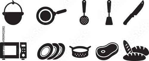 Solid Black Kitchen Utensils and Food Icon Set Flat Vector Silhouettes