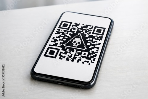 Cyber Threat QR Code with Skull and Crossbones Warning Icon on Smartphone Display over Light Wood Surface