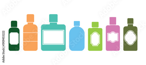 Lotion-filled bottle.  Aftershave product.  Lotion for post-shave care.  Tonic mix.  Cologne essence.  Micellar cleansing solution.  Flat vector art or icon set.  Barber and barbershop vibe. 