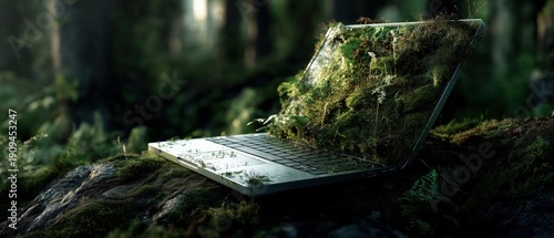 Conceptual Laptop Overgrown with Moss and Foliage in Forest