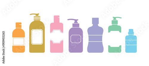 Container filled with lotion.  Lotion for aftershave.  Aftershave lotion.  Tonic solution.  Cologne fragrance.  Micellar cleansing water.  Flat vector design or icon collection. 