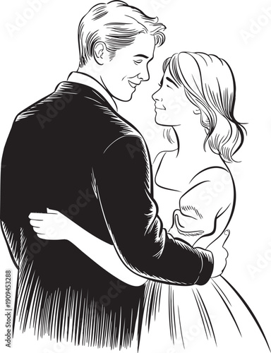 Elegant couple embracing, man and woman in formal attire, romantic dance, vintage love story