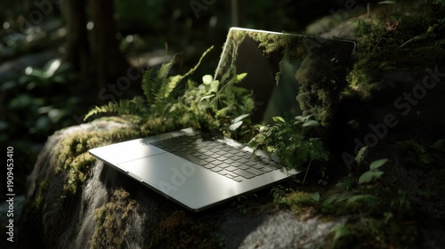 Laptop Covered in Moss and Ferns on Rock in Dark Forest