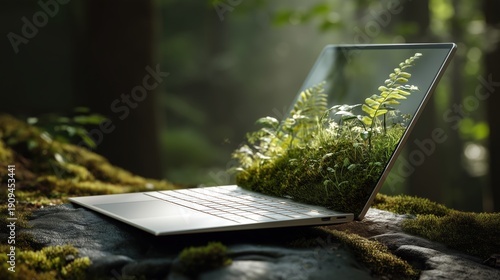 Conceptual Laptop Displaying Lush Green Nature in a Forest
