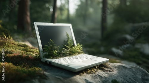 Laptop Overgrown with Ferns in a Lush Forest Setting